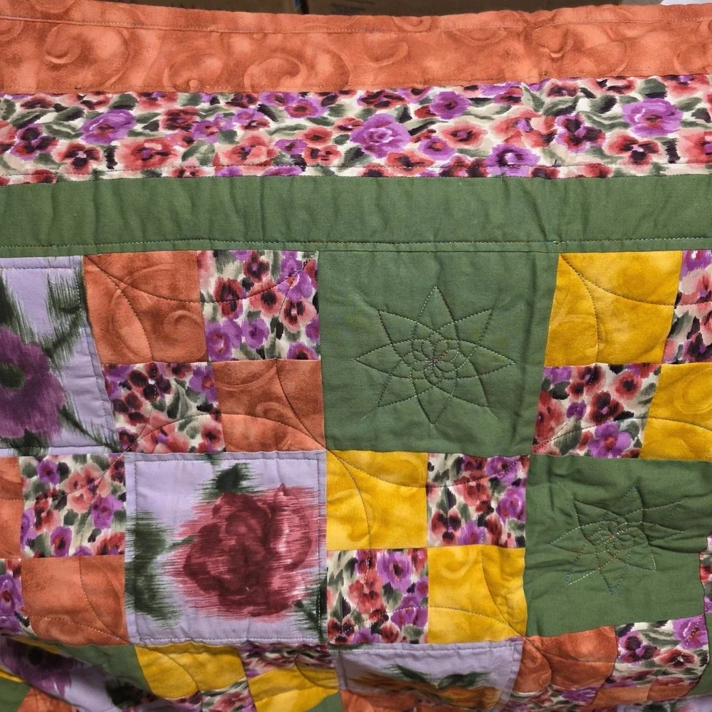 Quilt 62x62.5 Handmade Machine‎ Sewn Pink  Green Ivory Yellow Roses Floral Patch